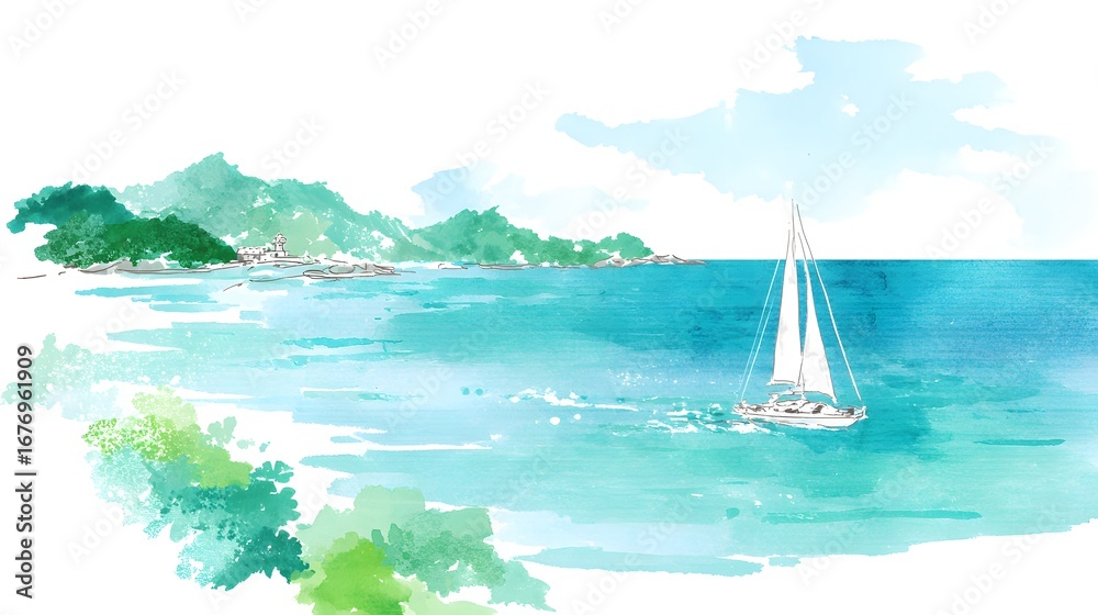 Obraz premium Serene watercolor seascape with sailboat