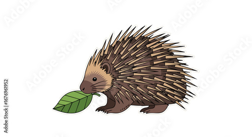 Adorable Echidna Illustration with Spikes and a Green Leaf on a Clean White Background