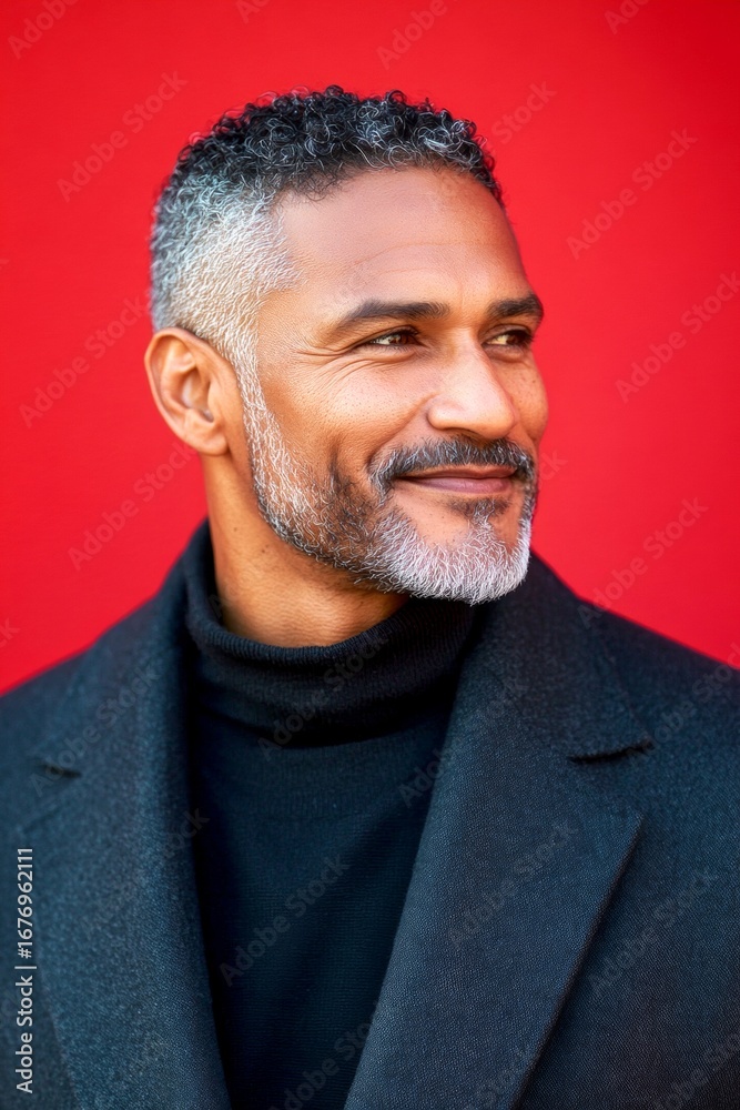 Obraz premium A happy and poised man radiating charm. A cheerful and glowing gentleman with a relaxed demeanor. A man with a natural glow and soft masculinity. A joyful male captured in a professional portra.