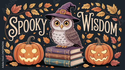 Cute Halloween Owl Sitting On Books With Pumpkins And Autumn Leaves spooky wisdom