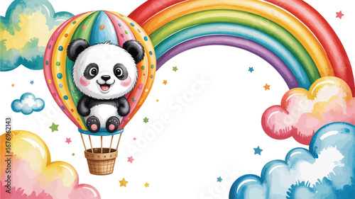 Cute panda in a rainbow hot air balloon with watercolor clouds and stars vector illustration