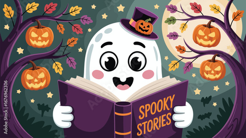 Ghost reading spooky stories book under moon and pumpkins halloween