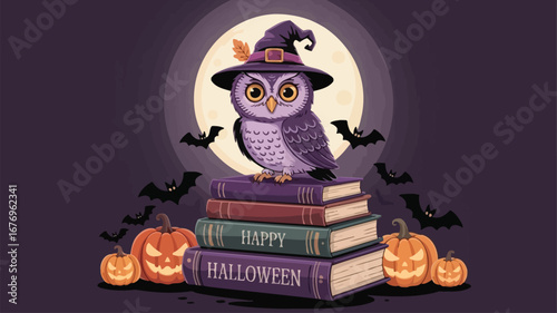 Halloween owl on books with pumpkins and bats against moon reading knowledge