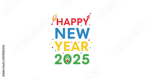 Vibrant and Festive Happy New Year 2025 Greeting with Celebration Icons and Confetti Graphic Design for Event Promotions