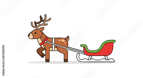 Animated Holiday Icon Depicting a Cartoon Reindeer Pulling a Sleigh on a Plain White Background