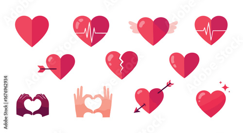Collection of whimsical heart illustrations showcasing love, affection and relationship themes in flat design style with various symbolic
