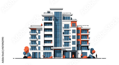 Stylized Urban Condominium Illustration with Residents, Offering a Modern Architectural Aesthetic with Balconies and People