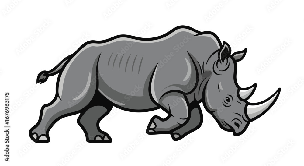 Fototapeta premium Stylized rhinoceros illustration with simplified shading and bold outlines conveying power and primal nature