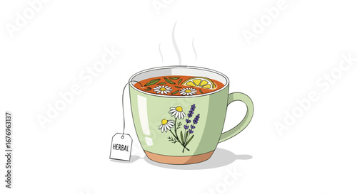 Soothing Herbal Infusion: A cup of warm aromatic tea with chamomile and citrus, a moment of tranquility and wellness with botanical elements and