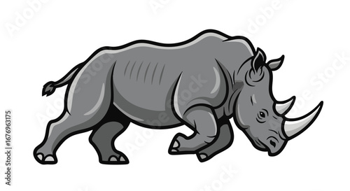 Stylized rhinoceros illustration with simplified shading and bold outlines conveying power and primal nature