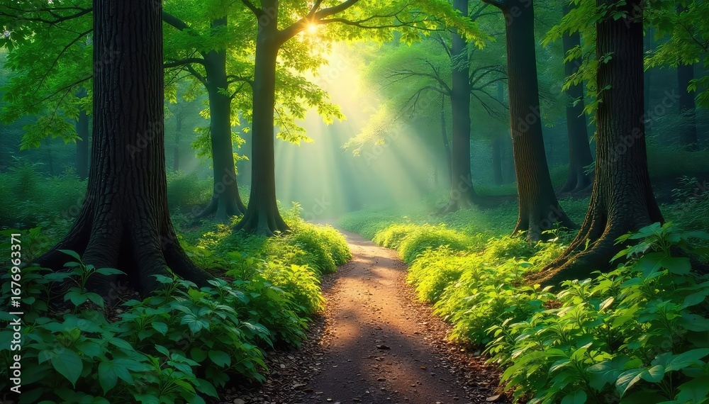 Obraz premium Sun-dappled forest path winding through lush green foliage, leading into the mysterious depths of the woods Sunlight streams through the canopy, illuminating the path ahead , trees, branches