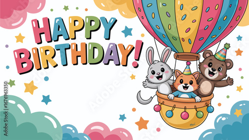 Happy Birthday greeting with cute animals in a hot air balloon celebration