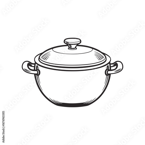 Saucepan Illustration: A detailed black and white illustration of a classic saucepan, showcasing its elegant design and functional features.