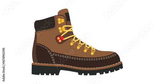 Detailed vector illustration depicting a sturdy, brown hiking boot with yellow laces and robust construction for outdoor adventures
