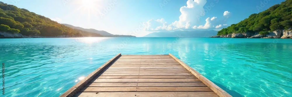 Obraz premium Sun-drenched dock extending over calm, turquoise water Perfect summer day at the lake or ocean Ideal for travel, vacation, and relaxation imagery , wood, summer day, turquoise