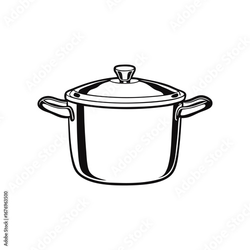 Stainless Steel Cooking Pot: An impeccably rendered monochrome illustration of a gleaming stainless steel cooking pot, complete with a lid.