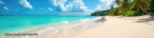 Sun-kissed sand, turquoise water lapping gently at the shore, a postcard-perfect tropical beach scene ideal for travel brochures and websites promoting idyllic getaways , sun, palm trees
