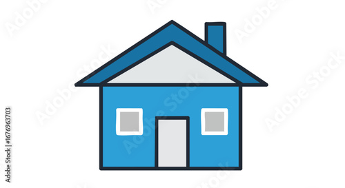 Blue home graphic design with a simple roof line, chimney and a traditional door providing a feeling of shelter and safety