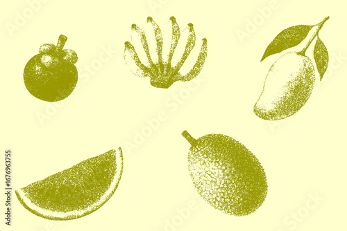 Seamless Stipple Dotwork Fruit Pattern (Olive on Light Yellow)