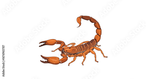 Digital rendering showcasing a formidable orange scorpion, poised with curved tail, on a plain white backdrop highlighting its intricate segmented