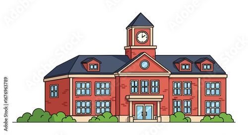 Charming illustration of a classic university building with clock tower and symmetrical windows, representing scholarly pursuit and collegiate