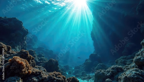 Vast, deep ocean waters teeming with unseen life Sunlight filters through the surface, illuminating the mysterious depths A breathtaking view of the underwater world , ocean, blue