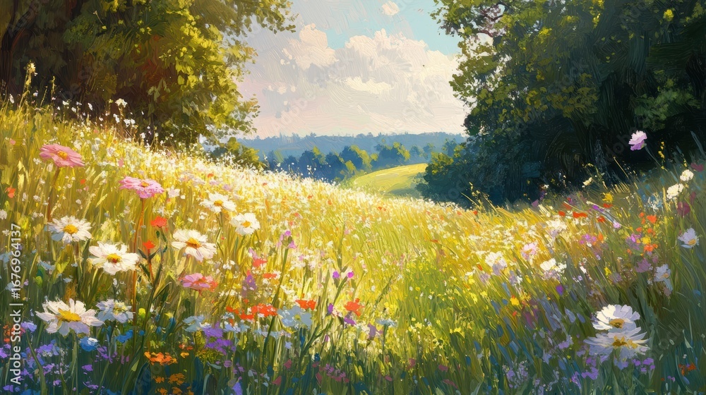 Fototapeta premium A vibrant meadow filled with colorful wildflowers, basking in sunlight, leading to a distant horizon under a bright blue sky.