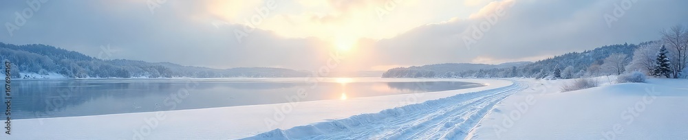 Fototapeta premium Vast, snow-covered landscape stretches to the horizon under a pale winter sun Frozen lake reflects the sky, untouched by footprints A scene of serene, expansive winter beauty , nature, serene
