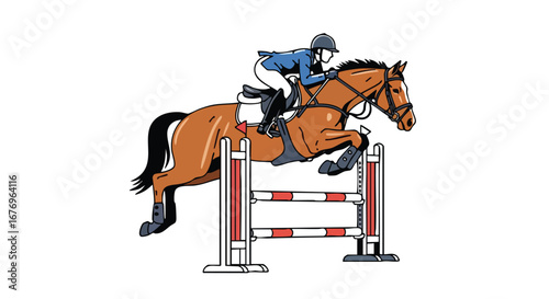 Dynamic illustration of a horse and rider soaring over a jump, showcasing equestrian skill and athletic prowess with minimalist style and clean lines