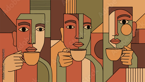 Modern Geometric Cubist People Drinking Coffee Illustration with Earth Tone Colors