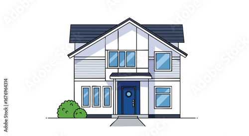 Stylized modern two-story family house with a blue door and clean lines, capturing suburban domesticity and architectural simplicity in a flat design