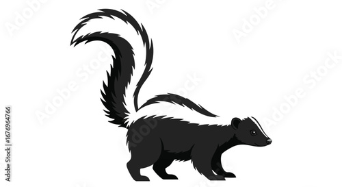 Stylized skunk illustration with bold black and white markings against a simple white backdrop illustration of a skunk with a striking tail pattern