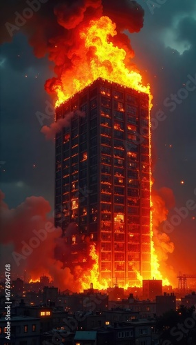 A burning building engulfed in flames, symbolizing economic downturn and financial crisis The intense fire reflects the destructive power of economic hardship and instability , risk, loss