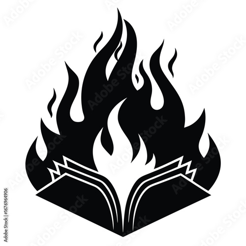 Silhouette of Open Book Ablaze with Flames Symbol of Burning Knowledge and Passion