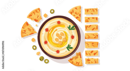 Artistic hummus platter composition with pita chips and olive garnish on pure white background delicious and creamy culinary middle eastern plate
