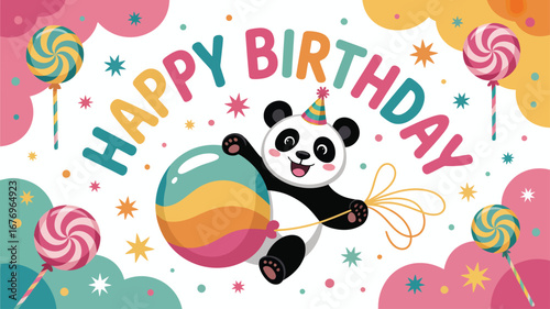 Happy Birthday with a cute panda and colorful lollipops Keywords: birthday, happy birthday