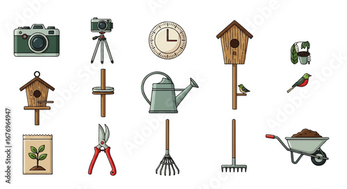 Collection of charming hand-drawn gardening and birdwatching illustrations, including tools, birdhouses, and birds.