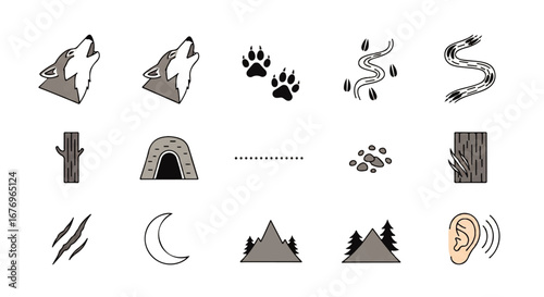 Minimalist Nature and Wildlife Vector Icon Set with Howling Wolves