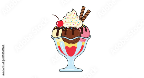 Delightful sundae illustration with a variety of ice cream flavors and toppings presented in a glass cup for a vibrant and tasty treat