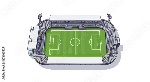 Overhead view of a stadium with green field, architecture and seating isometric illustration, offering a classic design appeal for sports concepts