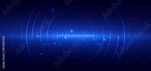 Abstract circles lines glowing with lightin effect on dark blue background.