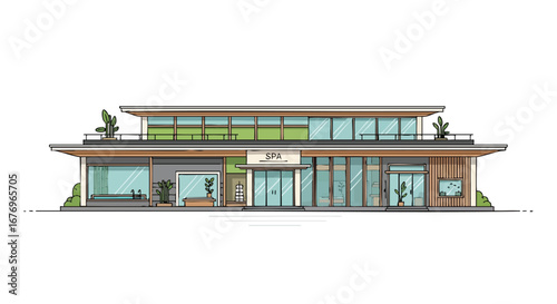 Modern Spa Architecture Illustration, Contemporary Wellness Center Design with Plants and Glass Facade, Relaxation and Rejuvenation Oasis Sketch 150