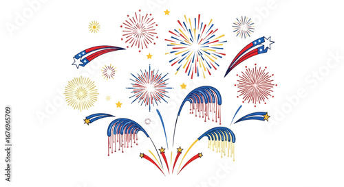 Celebratory patriotic fireworks display illustration for holidays and festive occasions, bright and colorful illustration for national holiday