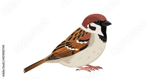 Detailed illustration of a perched eurasian tree sparrow with distinct plumage and a watchful expression against a plain white background