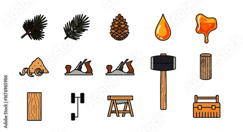 Collection of Hand-Drawn Woodworking Tools and Raw Materials