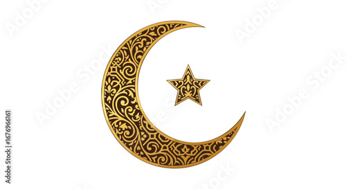 Ornamental Crescent Moon and Star Symbolizing Islamic Faith and Culture on White Backdrop Depicts Religious Observances and Spiritual Contemplation