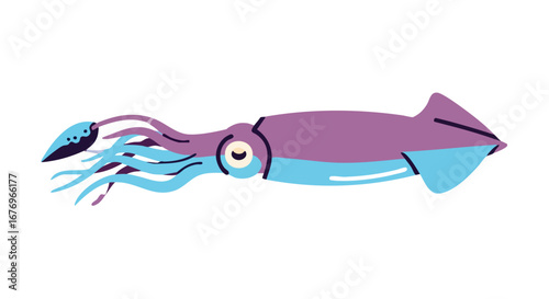 Stylized depiction of an isolated squid against a clean white backdrop showcasing its vivid color palette, presenting a cartoon-like portrayal of