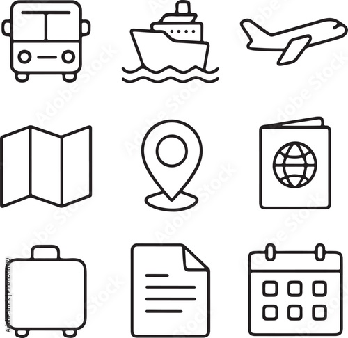 Travel Icons Vector Set Transport Passport Map Luggage Holiday