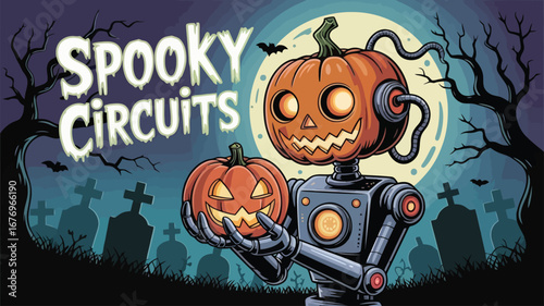 Robotic Jack O Lantern Holding a Pumpkin Against a Spooky Night Sky halloween cyborg