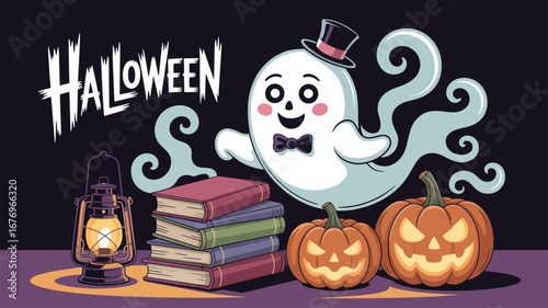 Spooky Halloween ghost with a top hat and bow tie on a dark background scary october